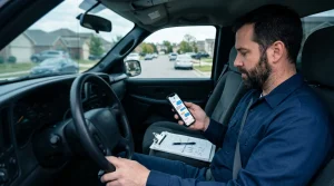 Contractor reading lead text messages on a phone